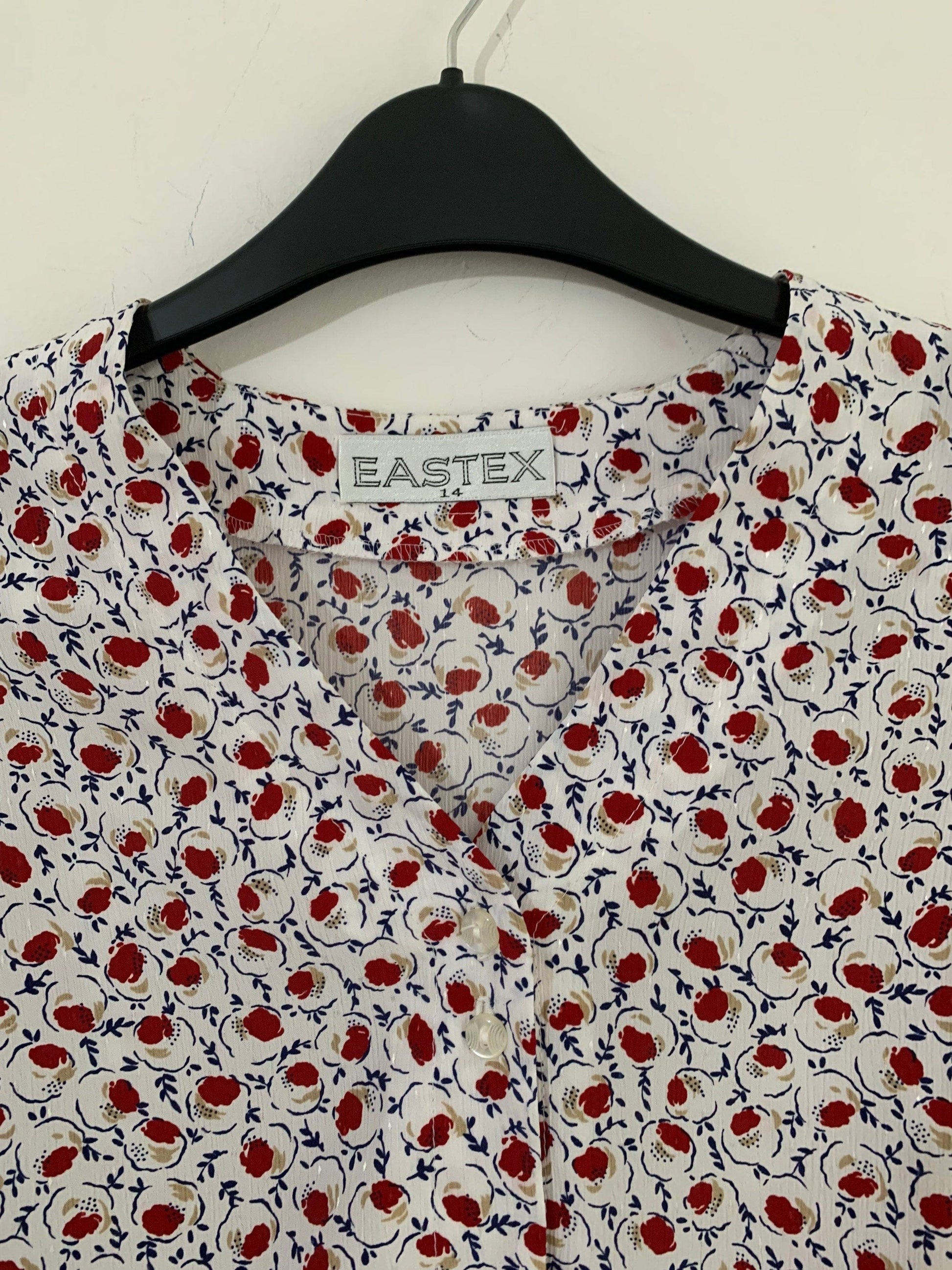 Navy, Red and White Vintage Peplum Blouse Floral Pattern Button Through Boxy short Sleeves - Size 14 - Eastex