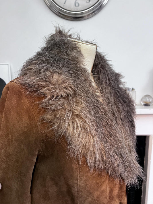 Penny lane vintage brown suede coat with faux fur collar,