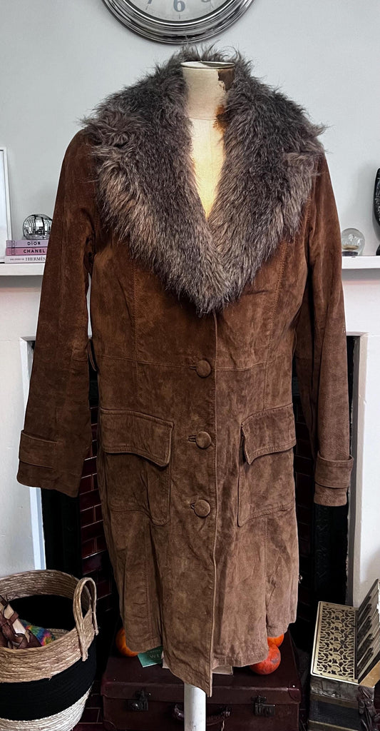 Penny lane vintage brown suede coat with faux fur collar,