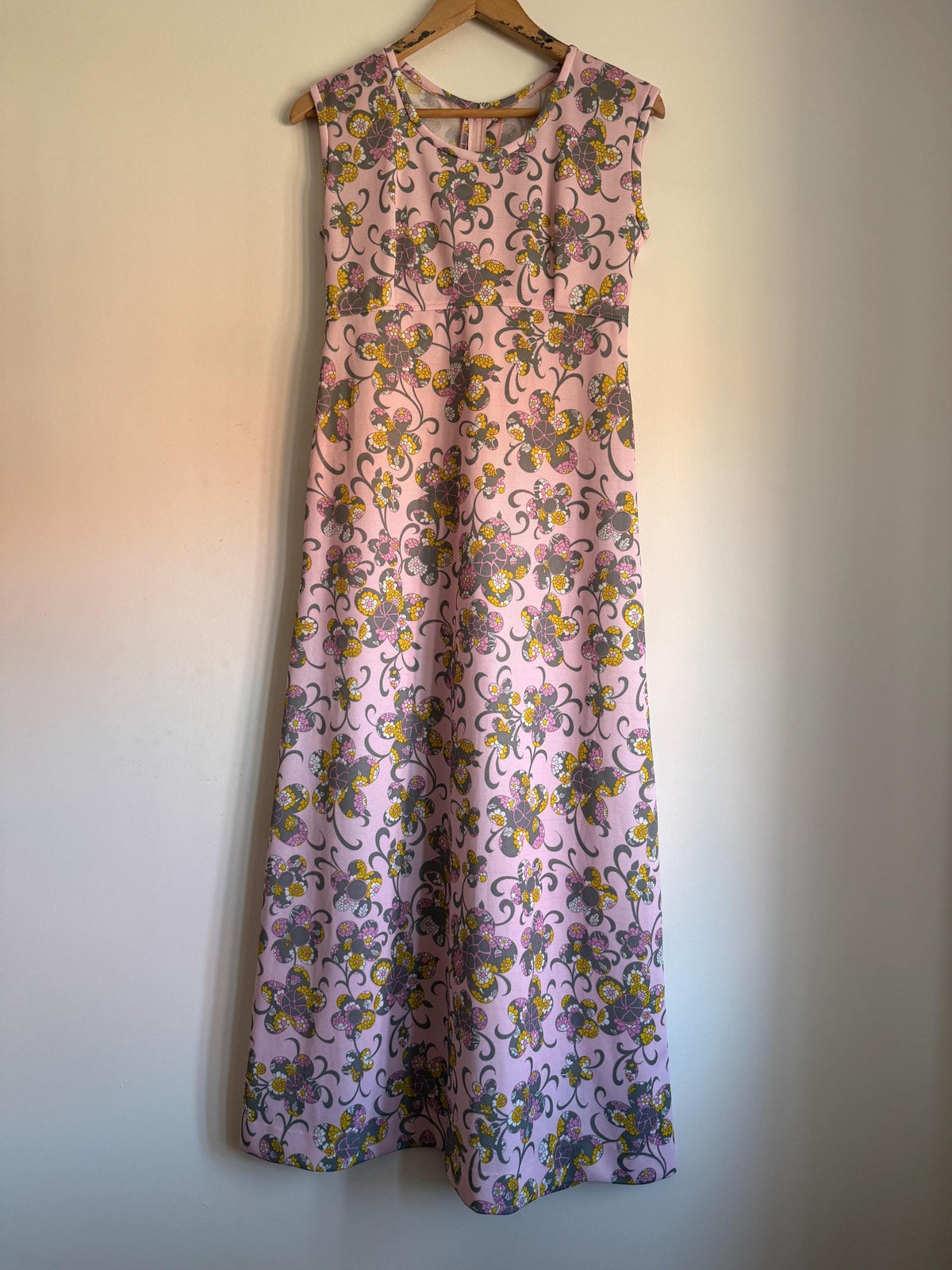 Pink Floral Maxi Dress, Flower Power Print, Scoop Neck High Waist