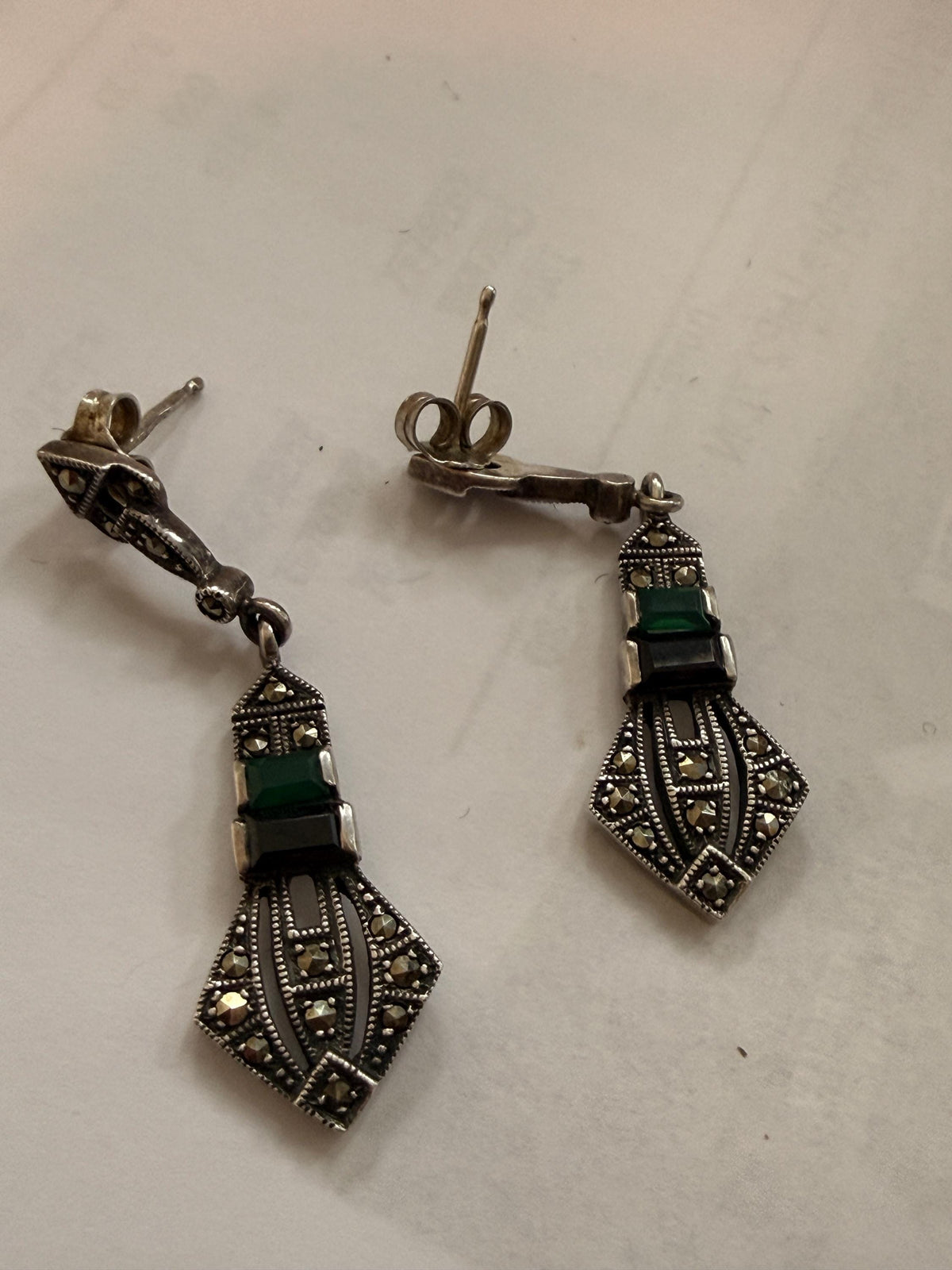 Sterling Silver Marcasite ARI 1990 Drop Earrings, Green Black Art Deco Geometric Dangle Earrings, 925