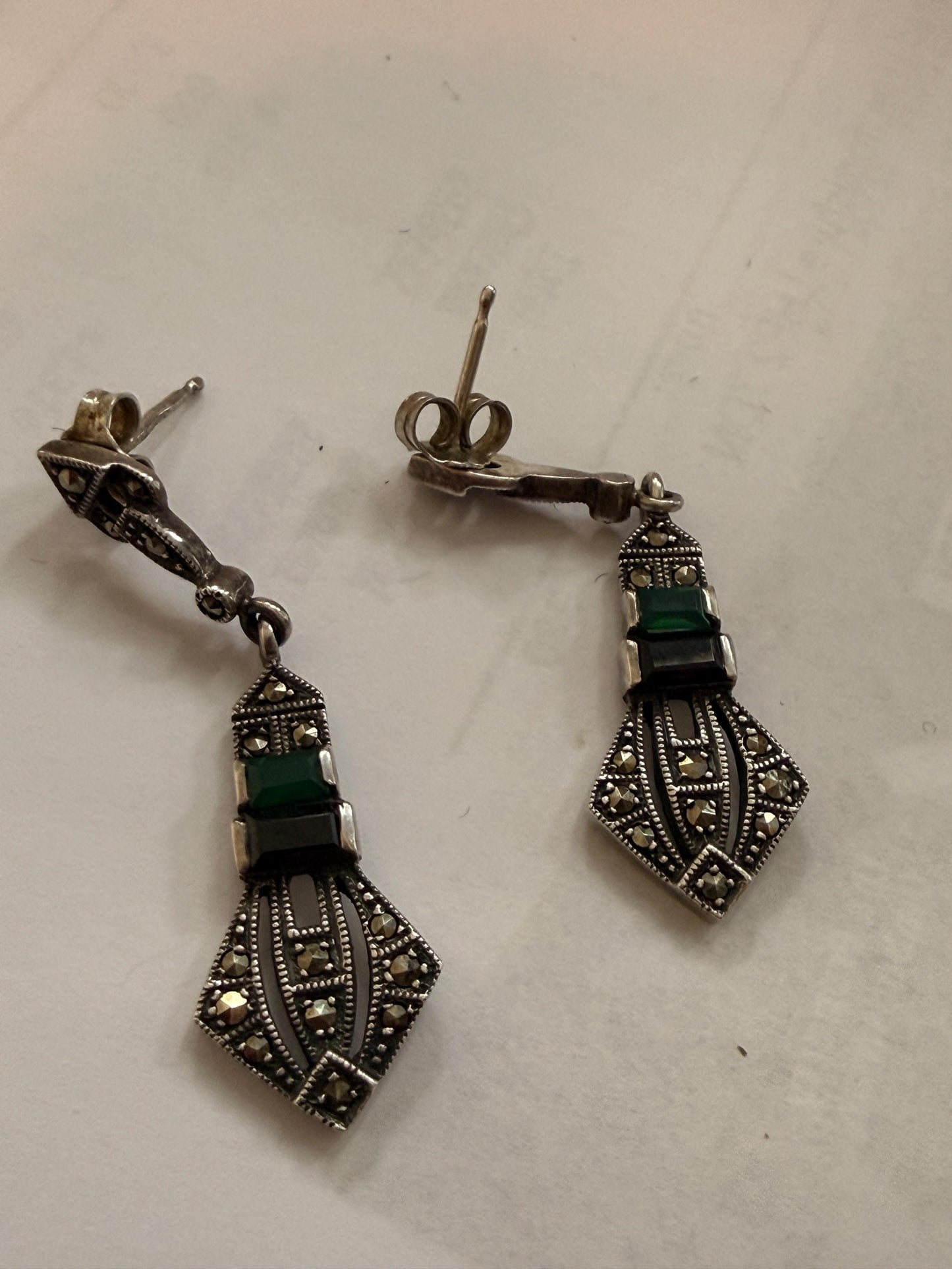 Sterling Silver Marcasite ARI 1990 Drop Earrings, Green Black Art Deco Geometric Dangle Earrings, 925
