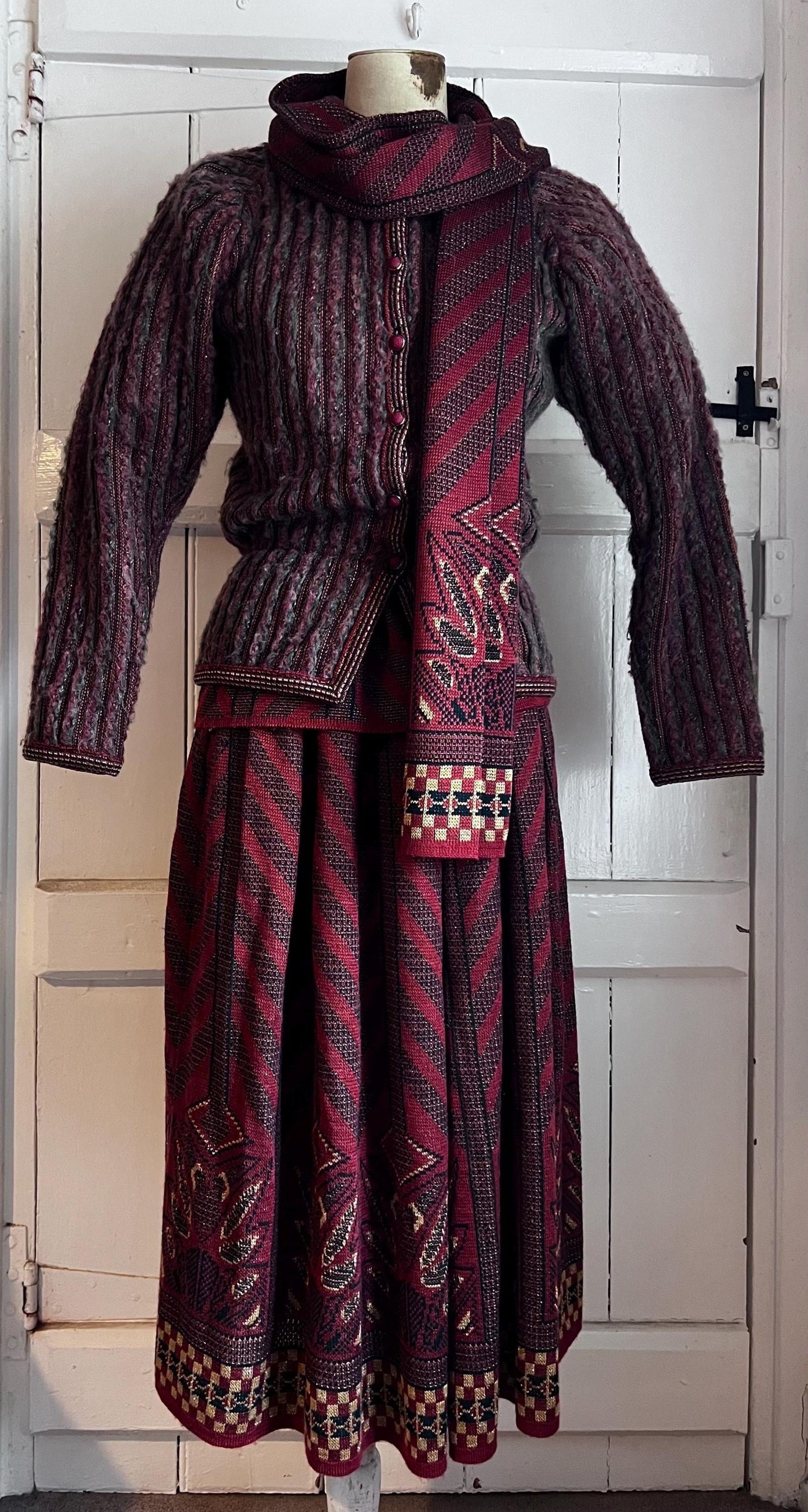 Bill Gibb Knit Set 1980s 1970s Skirt, Top, Cardigan and Scarf -