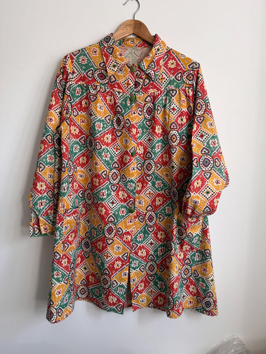 Vintage 1940s Geometric Print Over Blouse | Colourful Cotton Smock Shirt | Utility Era Jacket | UK 14-16