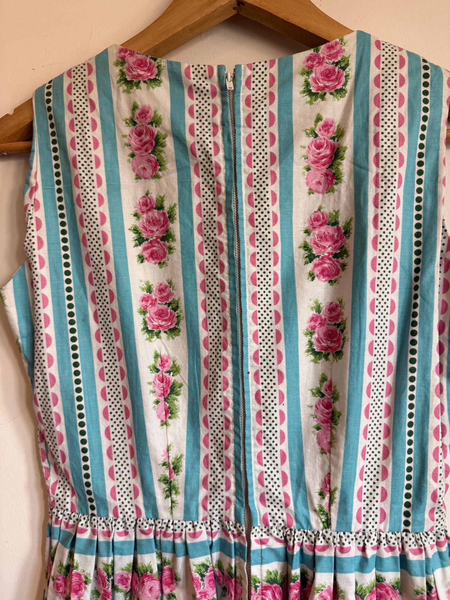 Vintage 1950s Cotton Dress Pink Rose Turquoise Stripe Full Skirt Day Dress