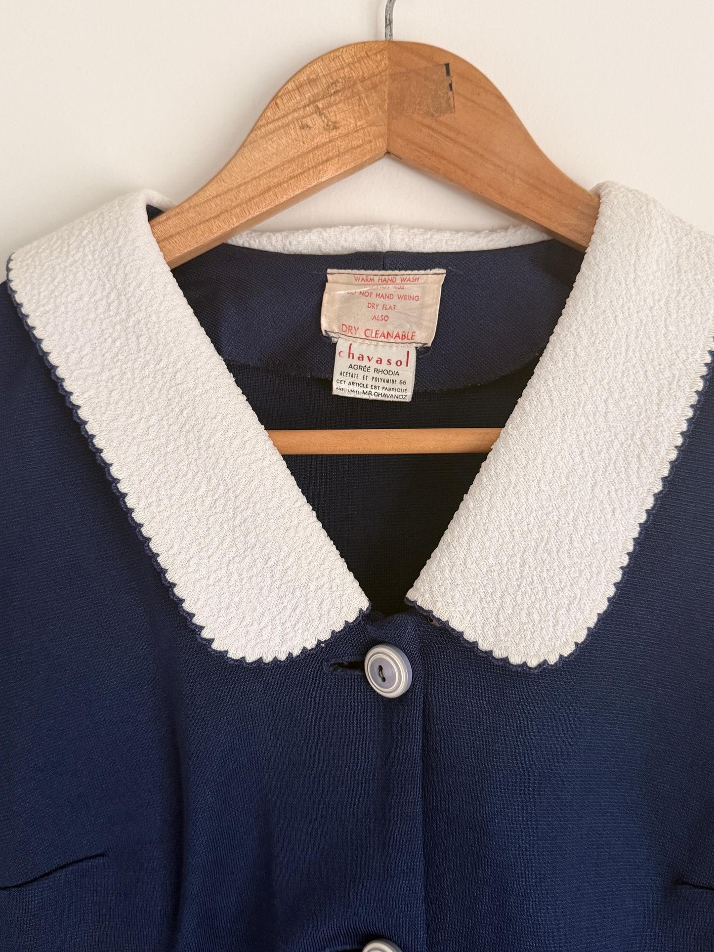 Vintage 1950s Navy Blue Skirt Suit | French Chavasol Two Piece | Textured Collar
