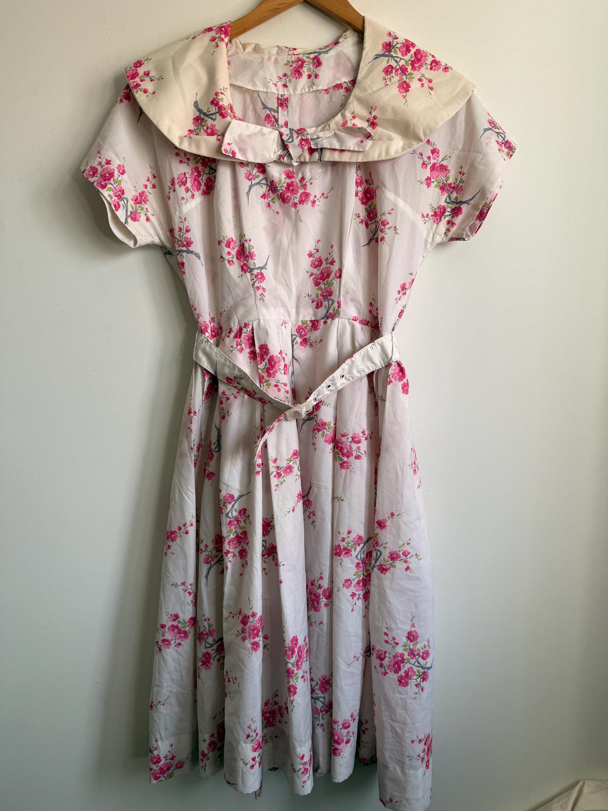 Vintage 1950s Pink Blossom Cotton Day Dress | Peter Pan Collar Belted Midi