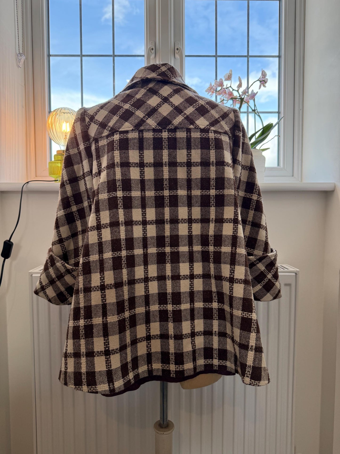 Vintage 1950s Swing Coat – Brown Check Lightweight Overcoat, 3/4 Sleeve Turn Up, Slanted Pocket Midcentury Style