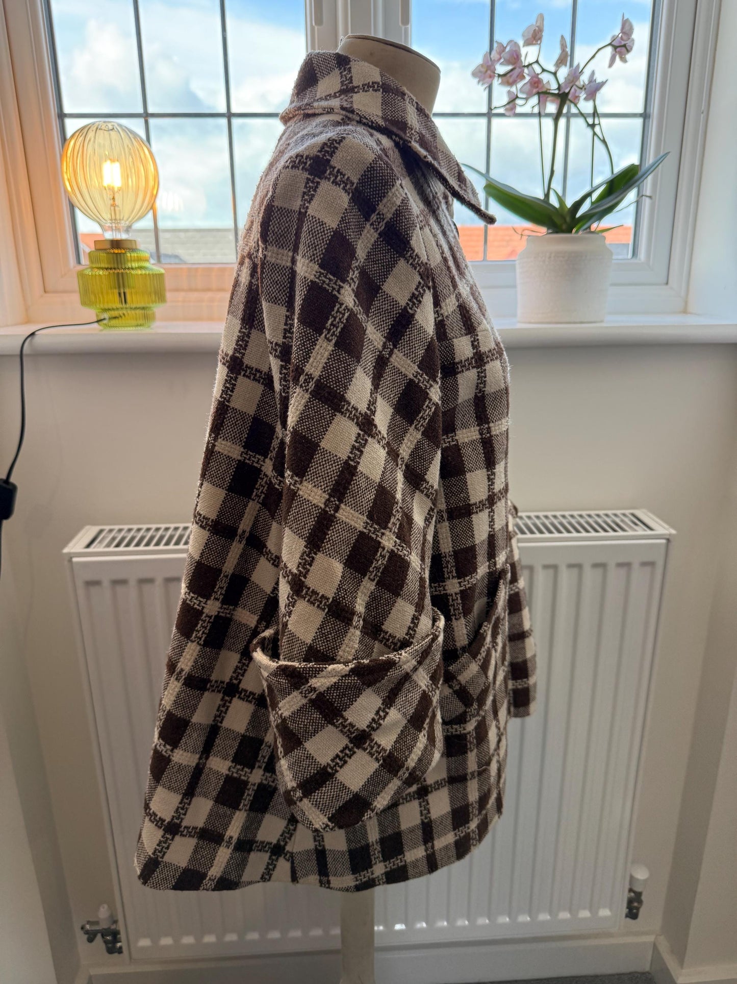 Vintage 1950s Swing Coat – Brown Check Lightweight Overcoat, 3/4 Sleeve Turn Up, Slanted Pocket Midcentury Style