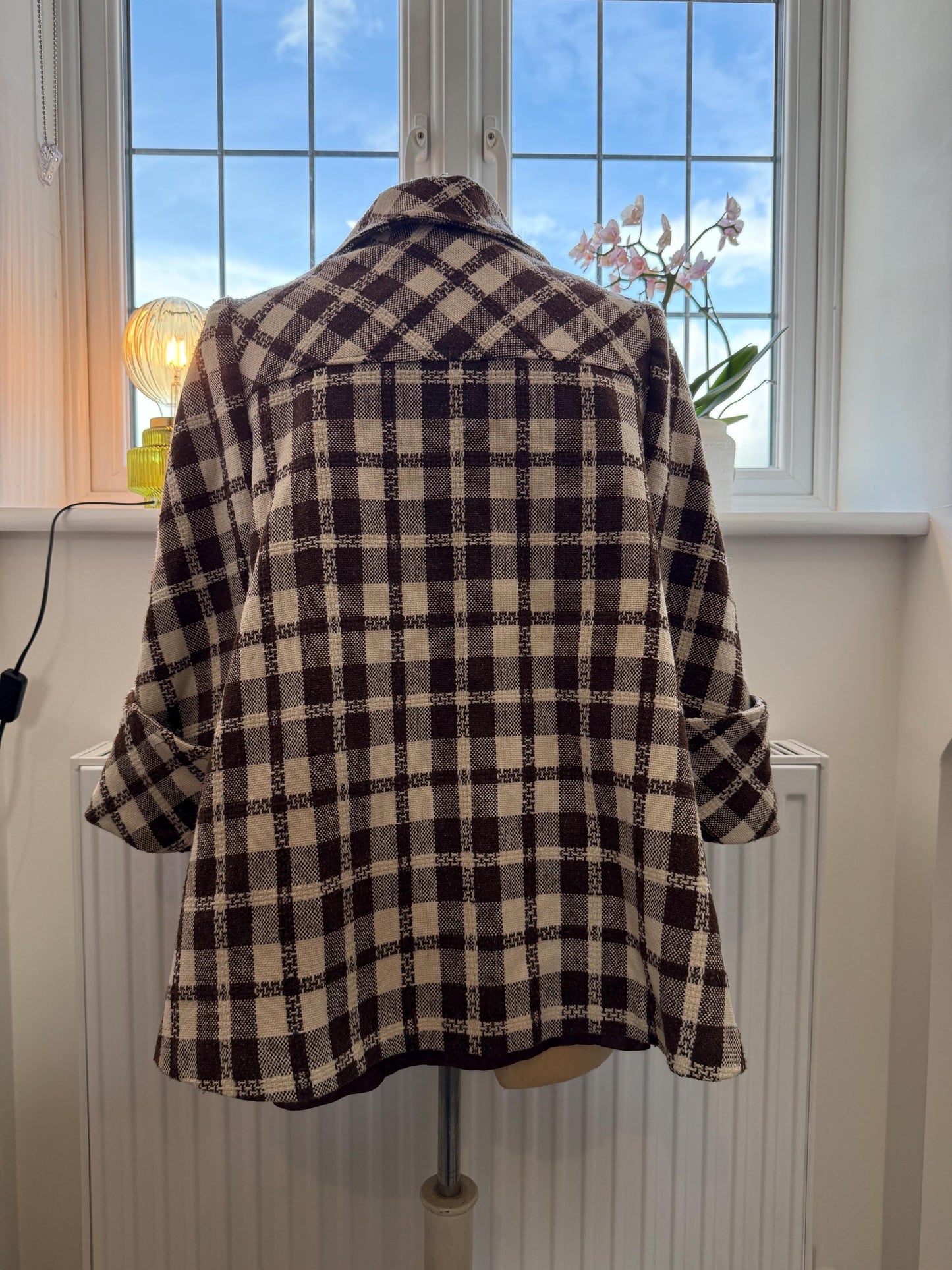 Vintage 1950s Swing Coat – Brown Check Lightweight Overcoat, 3/4 Sleeve Turn Up, Slanted Pocket Midcentury Style