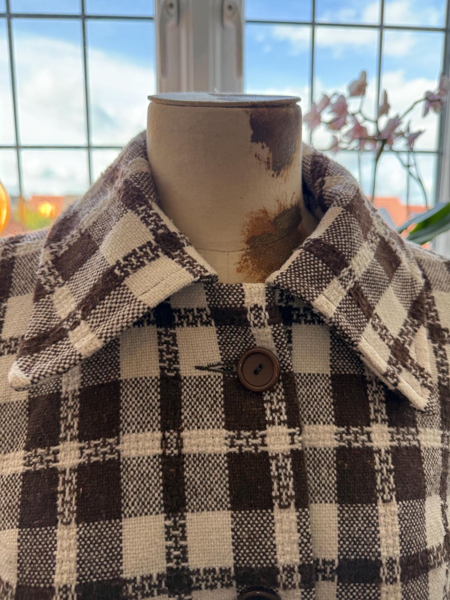 Vintage 1950s Swing Coat – Brown Check Lightweight Overcoat, 3/4 Sleeve Turn Up, Slanted Pocket Midcentury Style