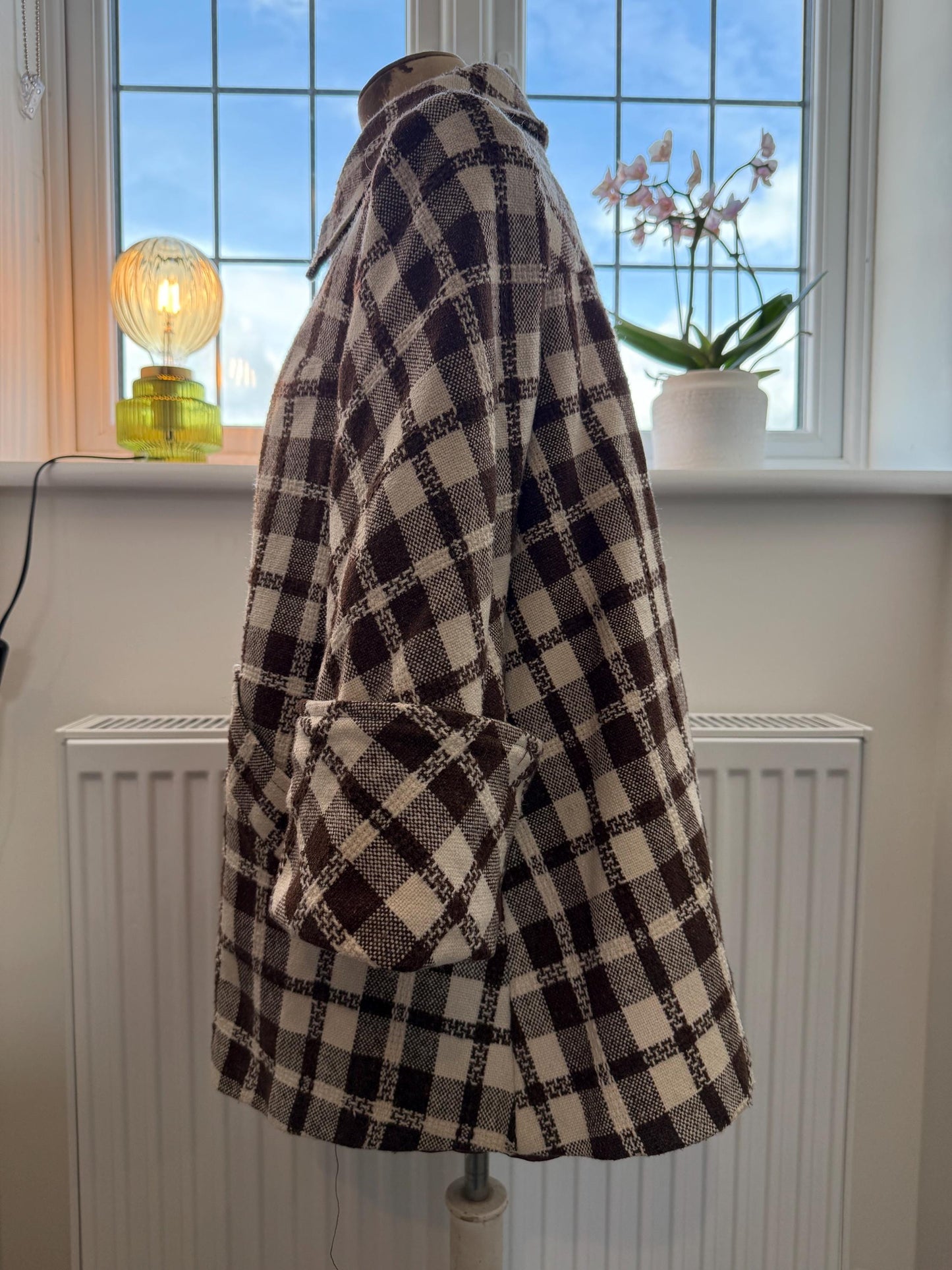 Vintage 1950s Swing Coat – Brown Check Lightweight Overcoat, 3/4 Sleeve Turn Up, Slanted Pocket Midcentury Style