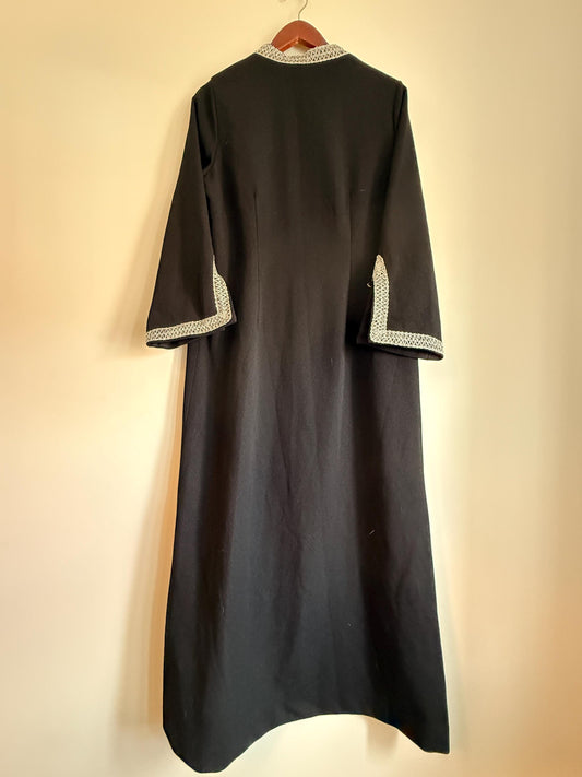 Vintage 1960s 1970s Black Maxi Dress | Silver Braid Trim Mod Evening Hostess Dress Kaftan