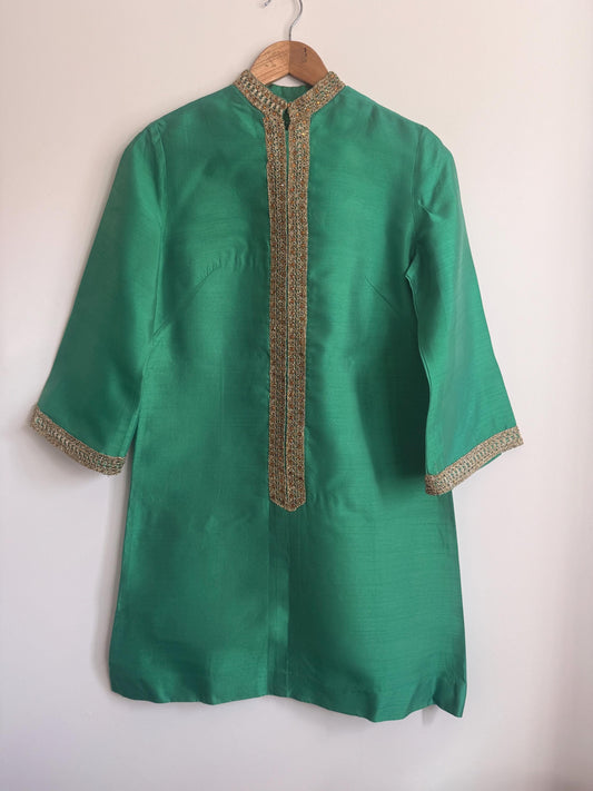 Vintage 1960s Emerald Green Beaded Silk-Look Shift Dress | Mod Cocktail Party UK 10-12