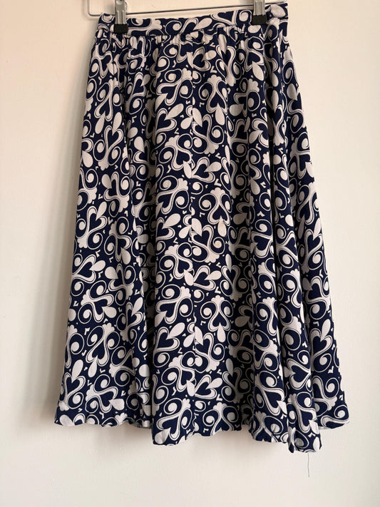 Vintage 1970s Blue & White Patterned Midi Skirt | Retro Graphic Print | High Waist A Line Skirt | Mod Boho | UK 10-12