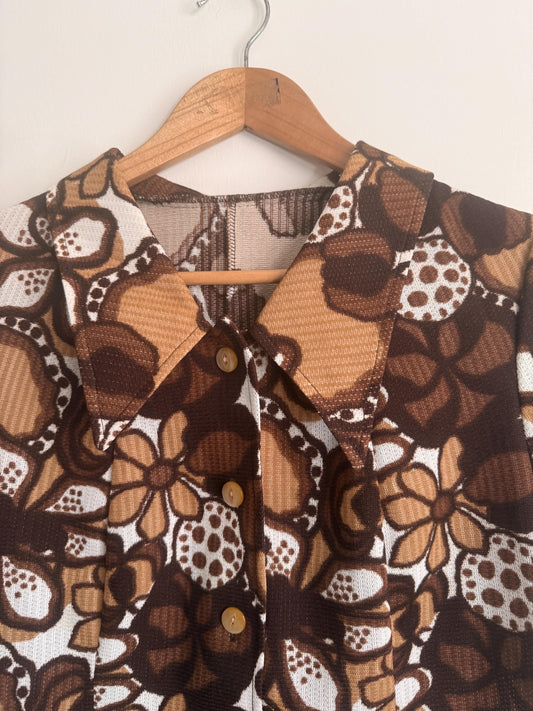 Vintage 1970s Brown Floral Mini Dress | Retro Mod Dress | Psychedelic Flower Print Dress | Collared A-Line Dress | UK 12
