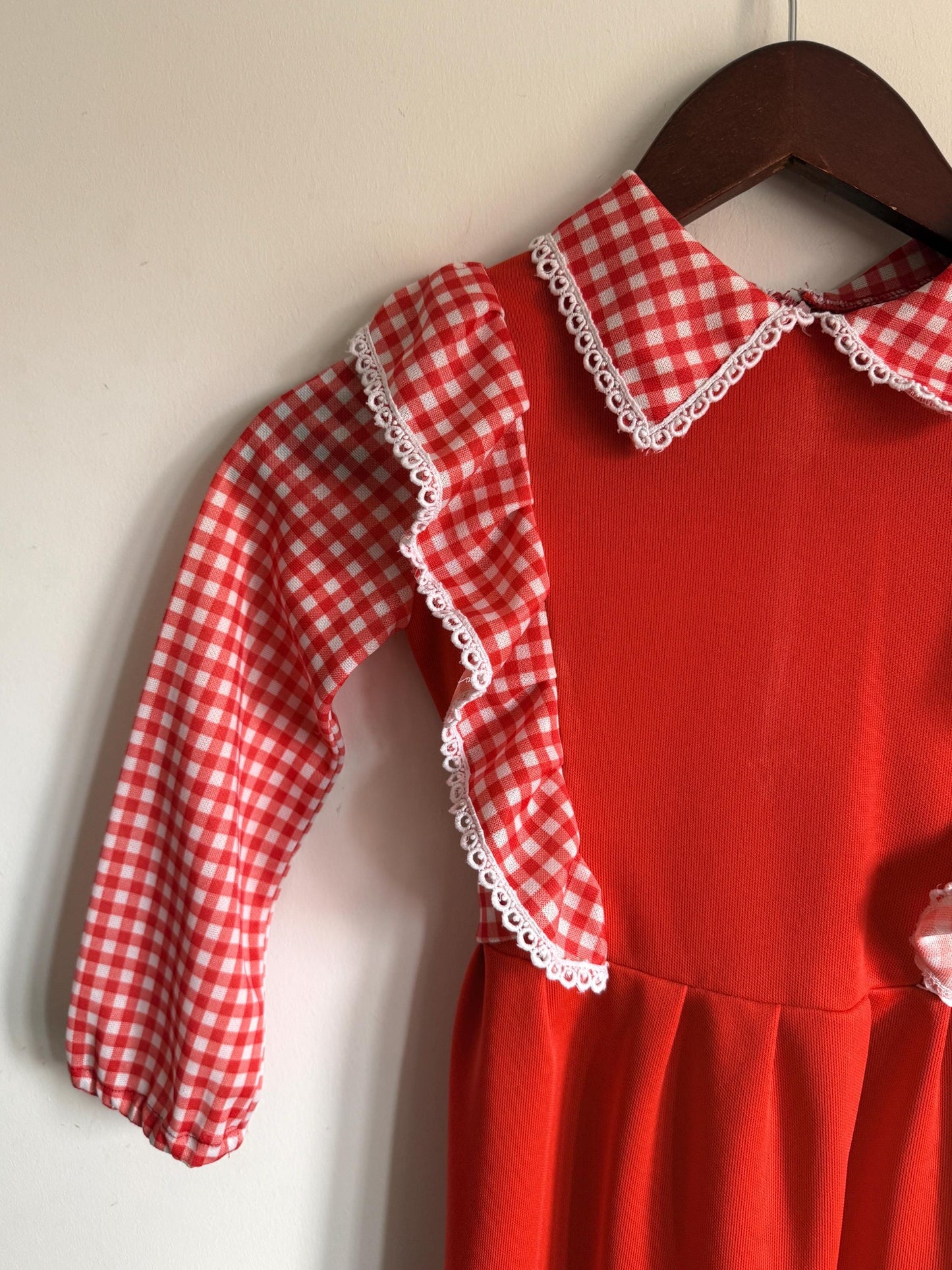 Vintage 1970s Girls Red Gingham Prairie Maxi Dress | Ruffle Children's Folk Dress - St Bernard Made in England Age 8