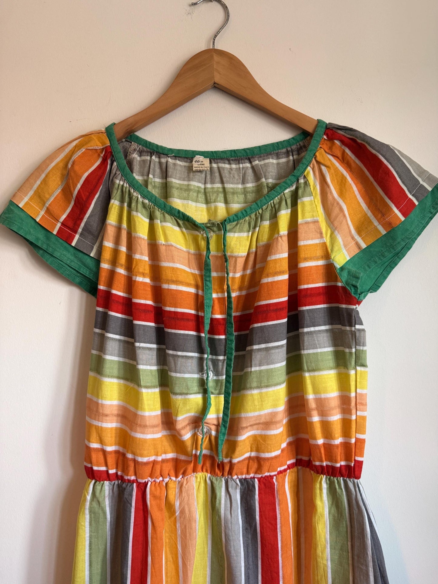 Vintage 1970s Indian Cotton Rainbow Stripe Mini Dress Size 40 Pockets