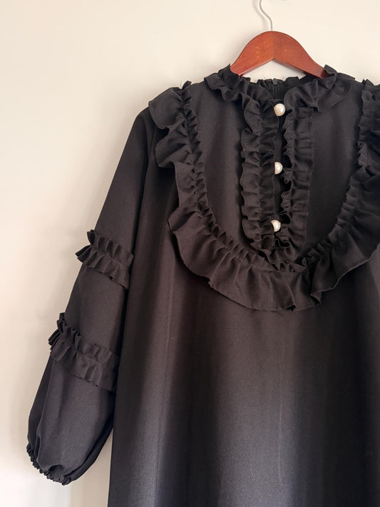 Vintage 1970s Siskou Woman Black Ruffle Maxi Dress | Portuguese Prairie Gothic Dress UK18-20