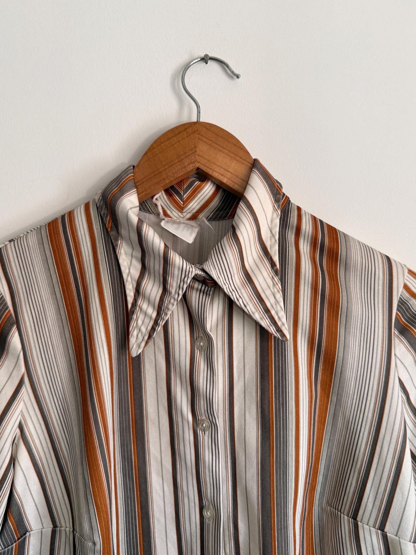 Vintage 1970s Striped Shirt | Brown Orange Stripe Blouse | Retro Disco Shirt | Pointed Collar Blouse | Smart Vintage Top