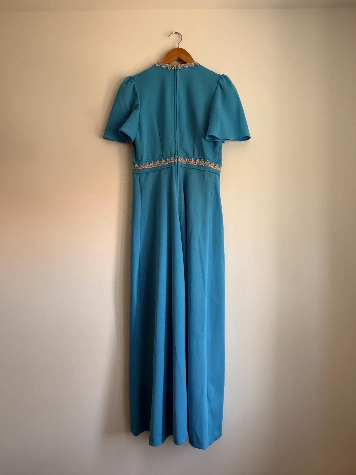 Vintage 1970s Turquoise Maxi Dress with Silver Trim | Empire Line Evening Gown
