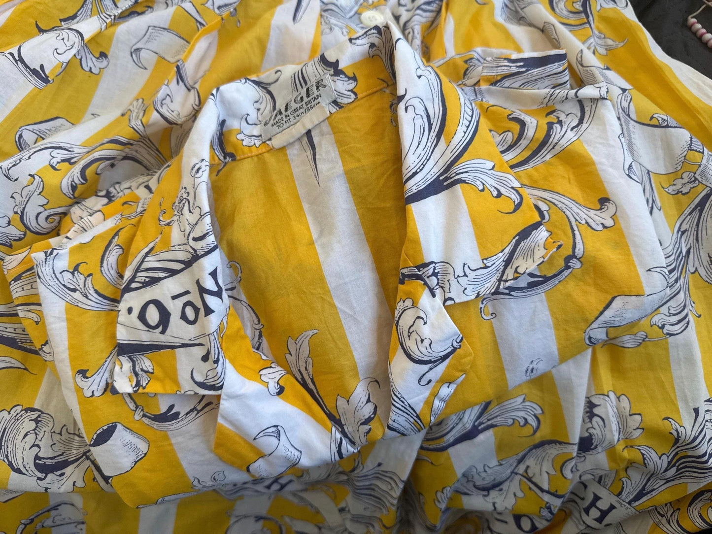 Vintage 1980s Jaeger Two Piece Skirt & Blouse Set – Yellow Nautical Print Cotton Co-ord – UK 10–12