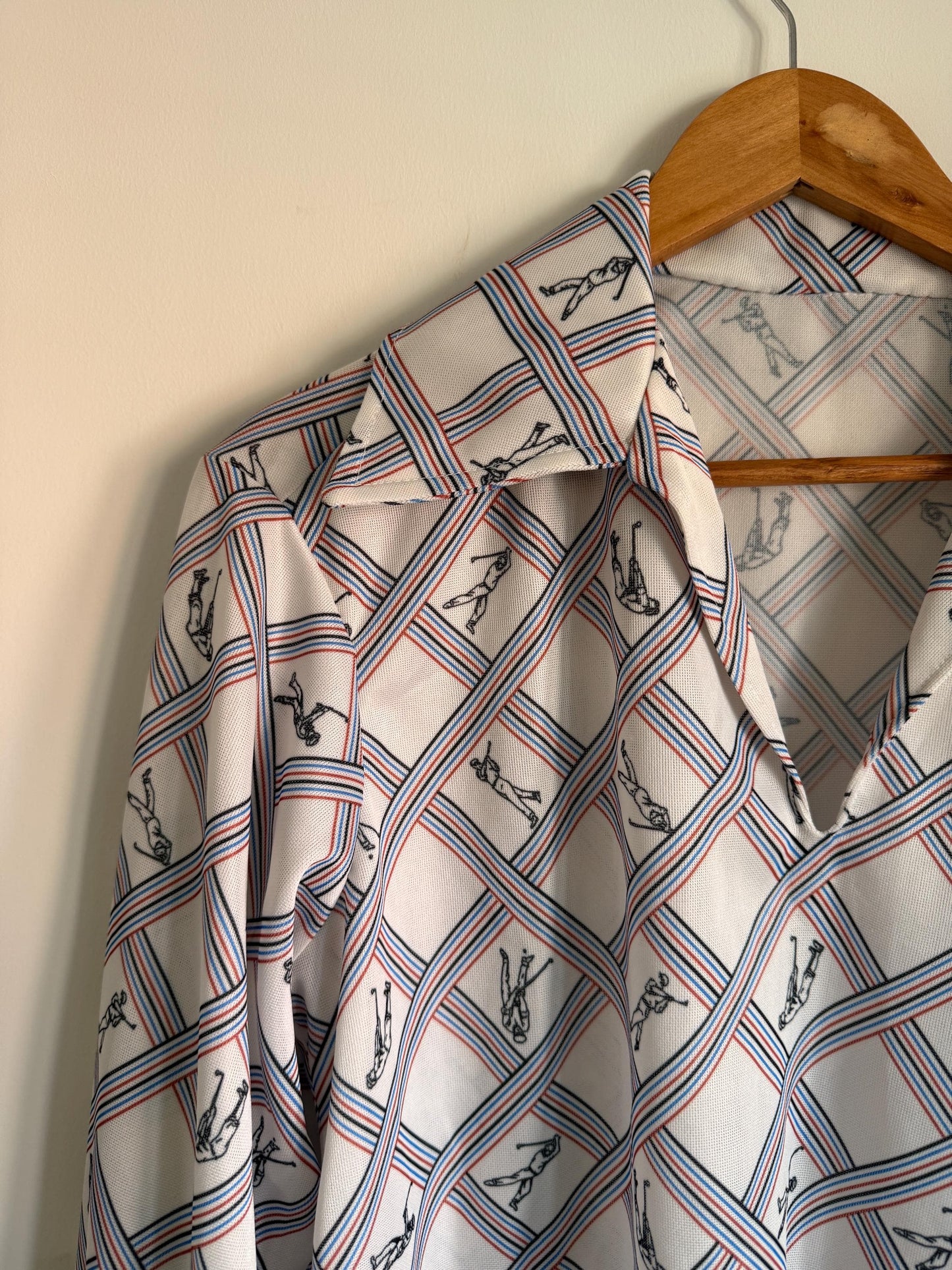 Vintage 70s Novelty Golf Print Blouse UK 14-16 | Striped Polyester Long Sleeve Top | Retro Kitsch Pull On Shirt