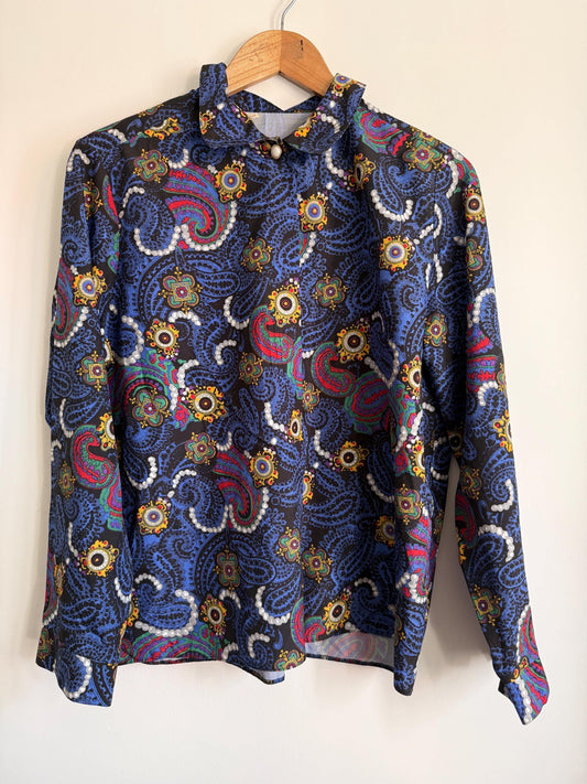 Vintage 70s Psychedelic Paisley Blouse | Mod Retro Print Shirt | UK 10-12