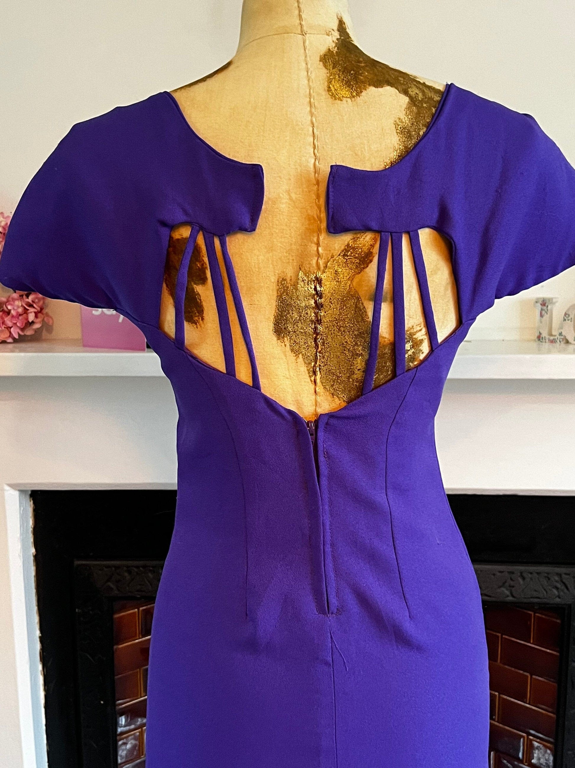 Vintage 80s Purple Dress open back cage design huge shoulder padded cap sleeves UK 6