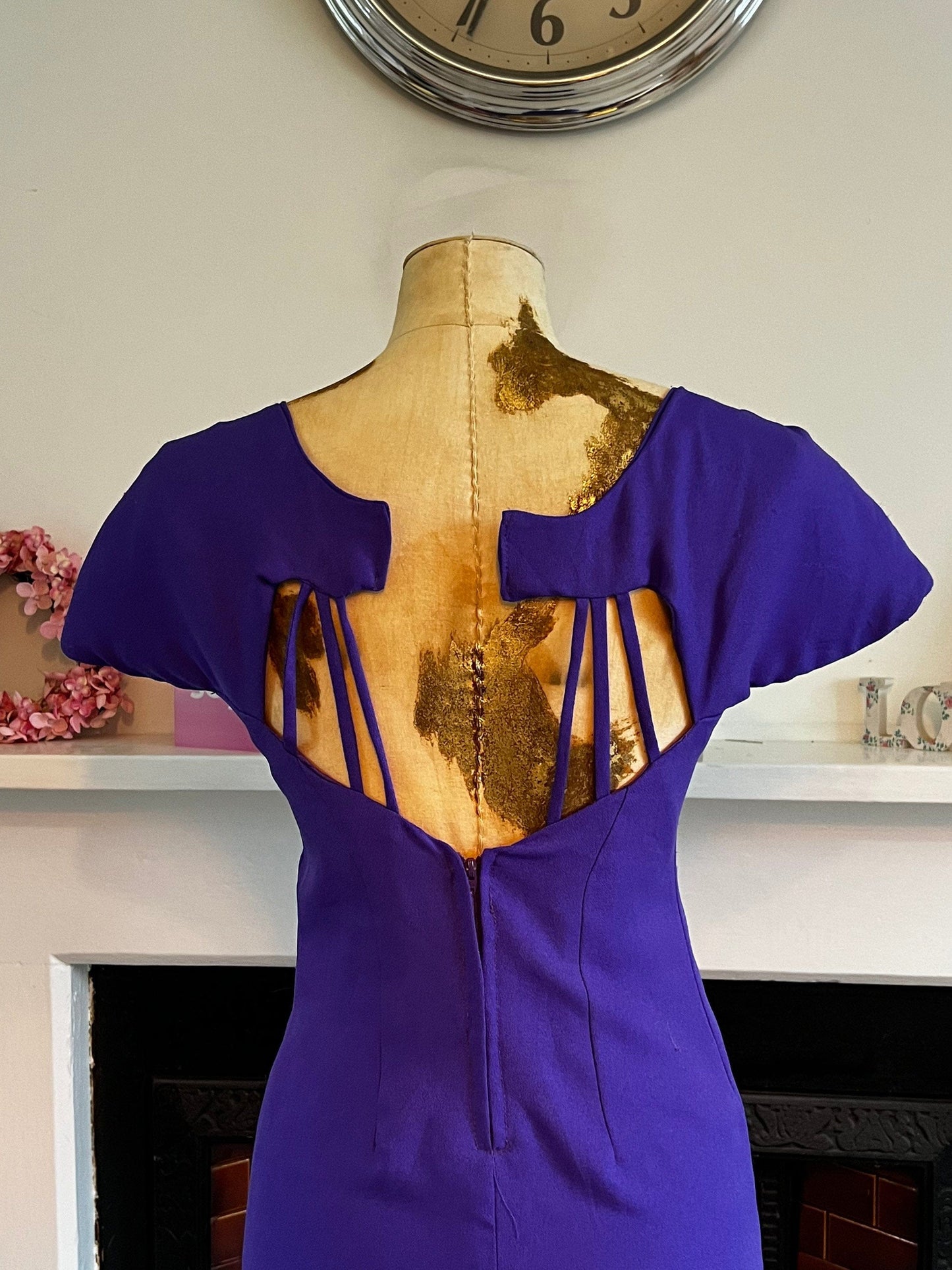 Vintage 80s Purple Dress open back cage design huge shoulder padded cap sleeves UK 6