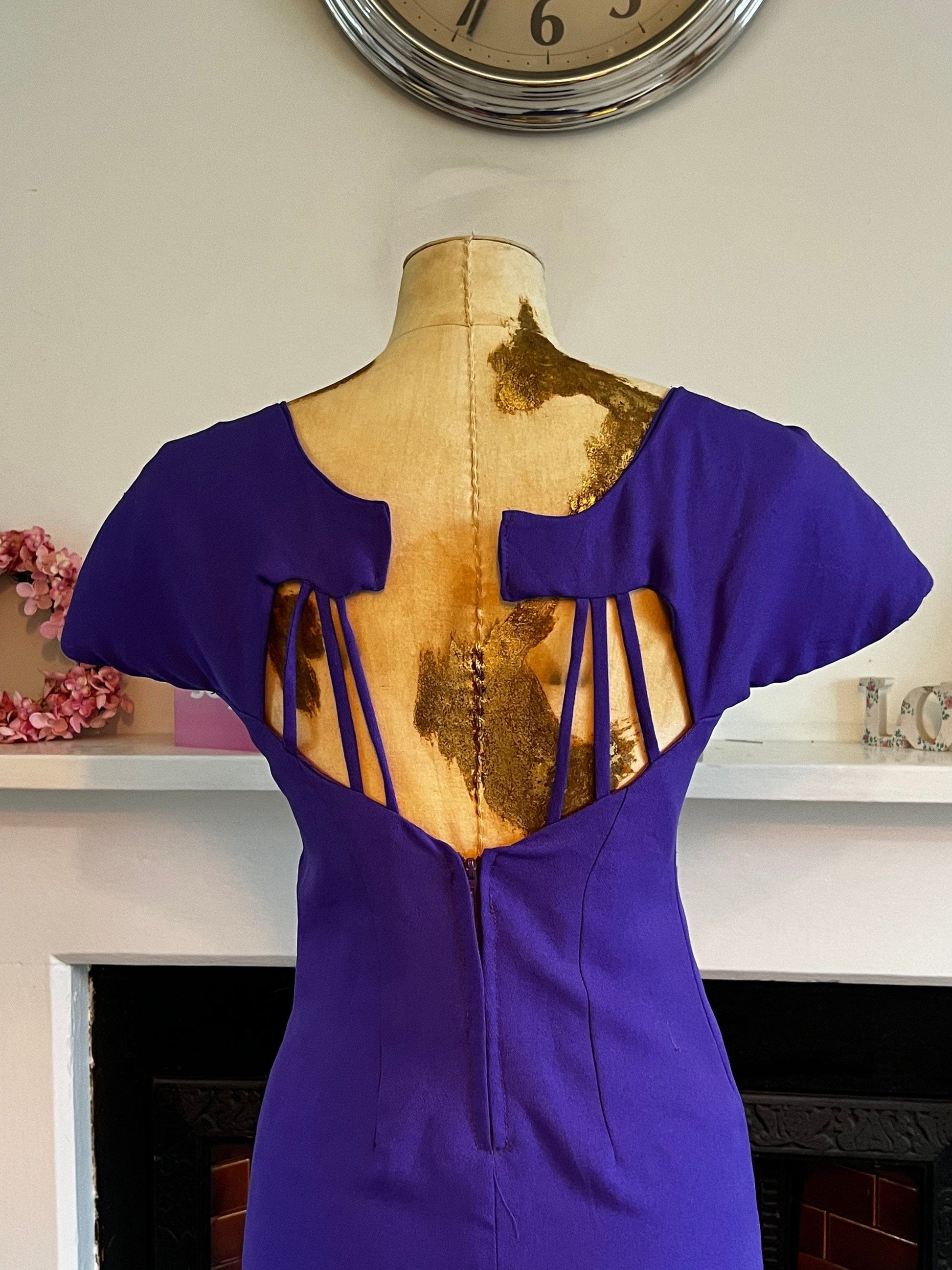 Vintage 80s Purple Dress open back cage design huge shoulder padded cap sleeves UK 6