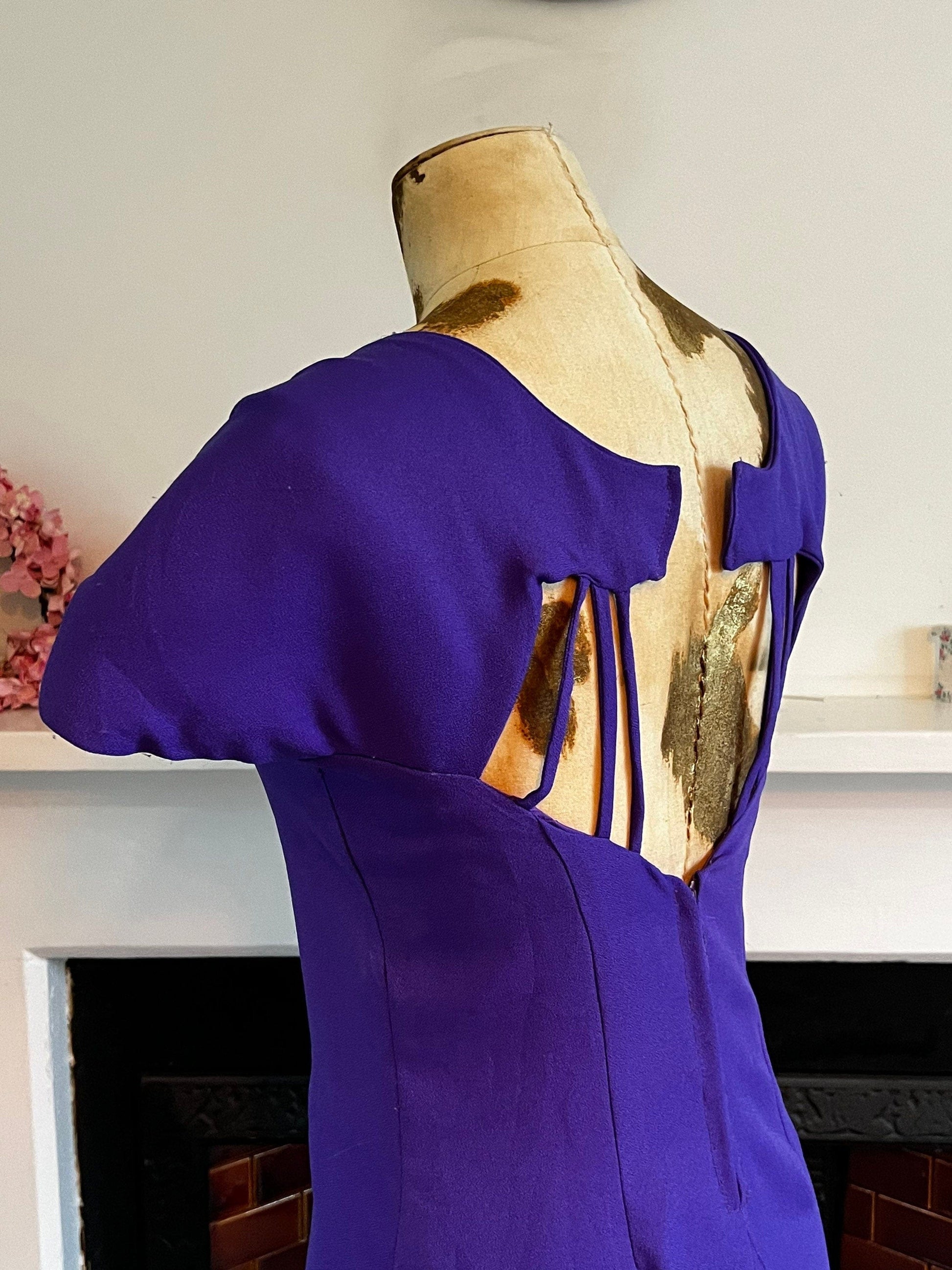 Vintage 80s Purple Dress open back cage design huge shoulder padded cap sleeves UK 6