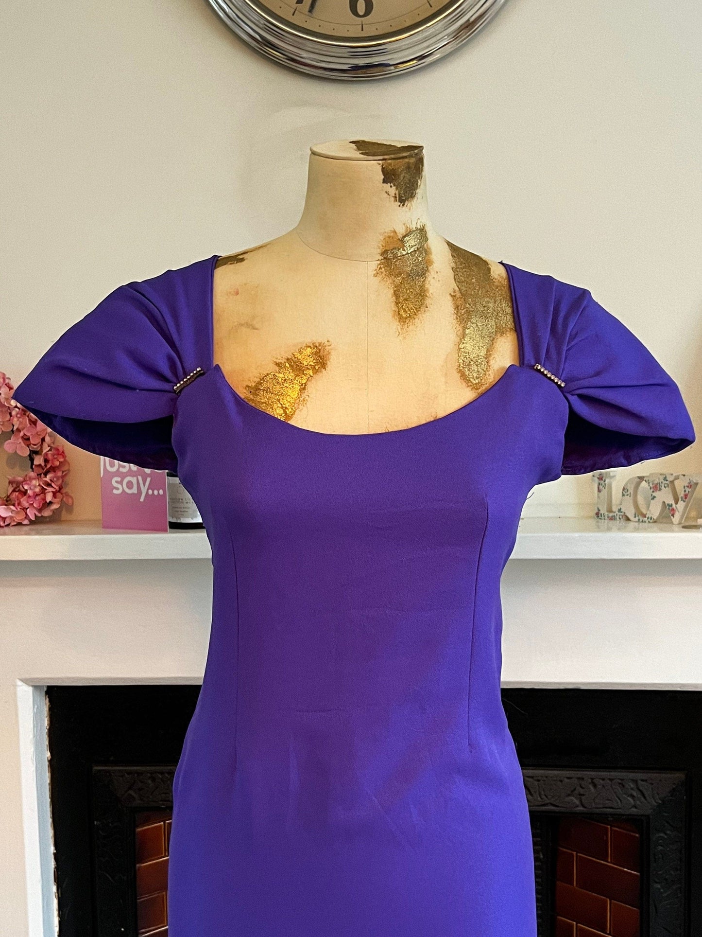 Vintage 80s Purple Dress open back cage design huge shoulder padded cap sleeves UK 6