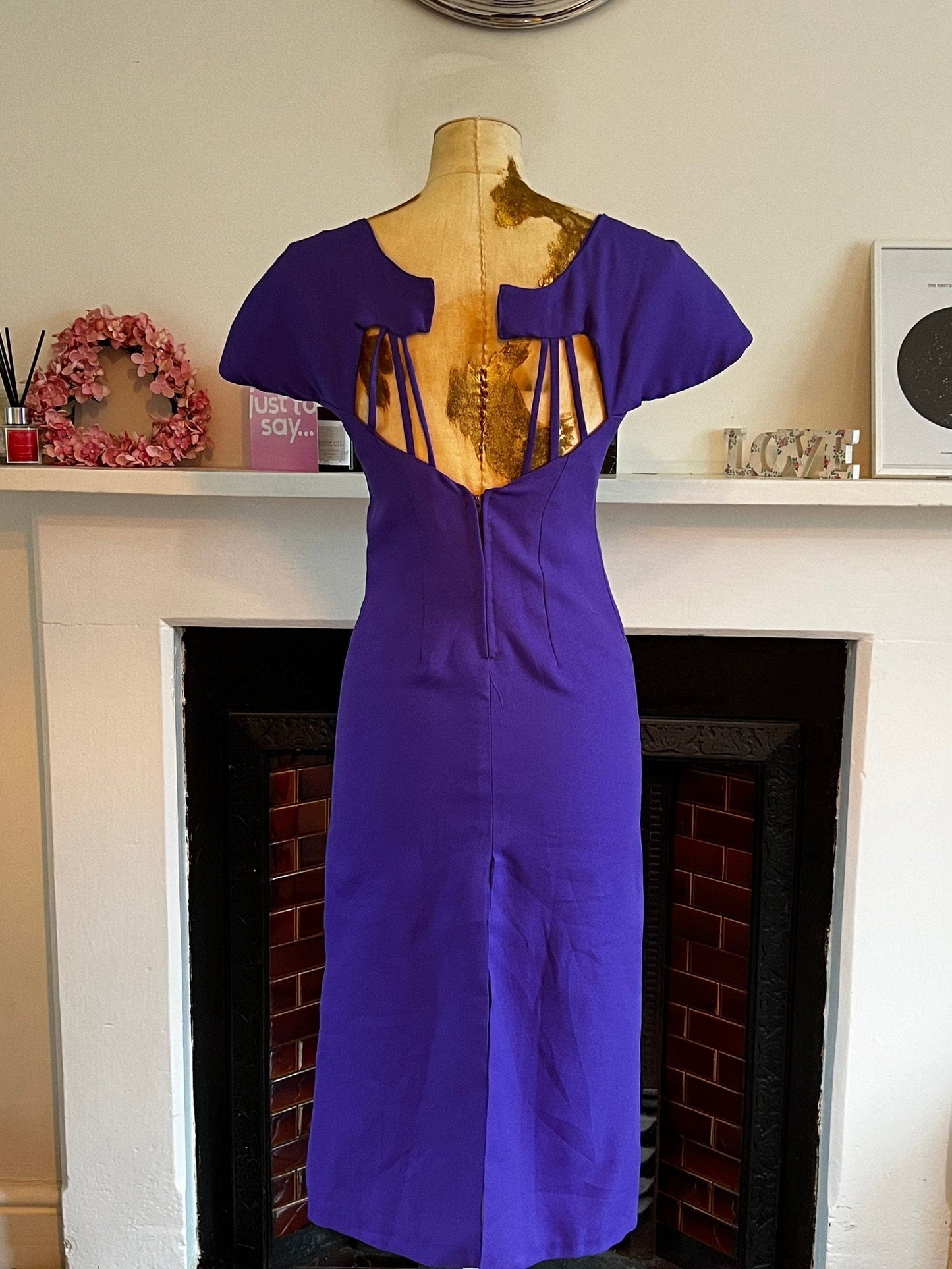 Vintage 80s Purple Dress open back cage design huge shoulder padded cap sleeves UK 6