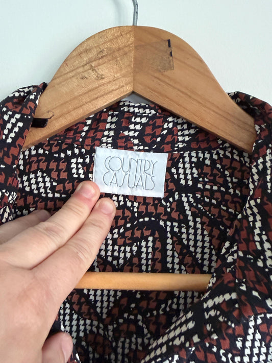 Vintage 90s Abstract Print Blouse | Brown Black & Ivory Geometric Shirt | Relaxed Button Up | Retro Patterned Women's Top