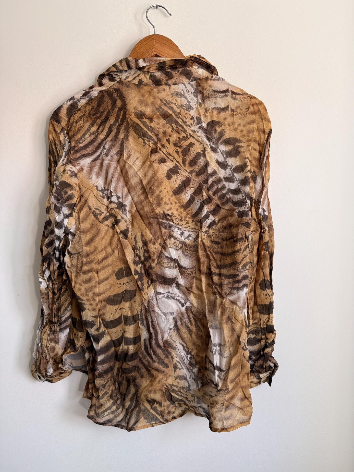 Vintage 90s Animal Print Blouse | Safari Print Shirt, Leopard Zebra Tiger Print Top, Sheer Button Up Blouse, Oversized Neutral Women's Shirt