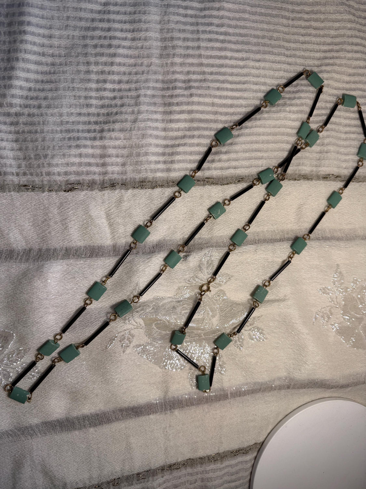 Vintage Art Deco Style Green Black Geometric Necklace Long Beaded Costume Jewellery