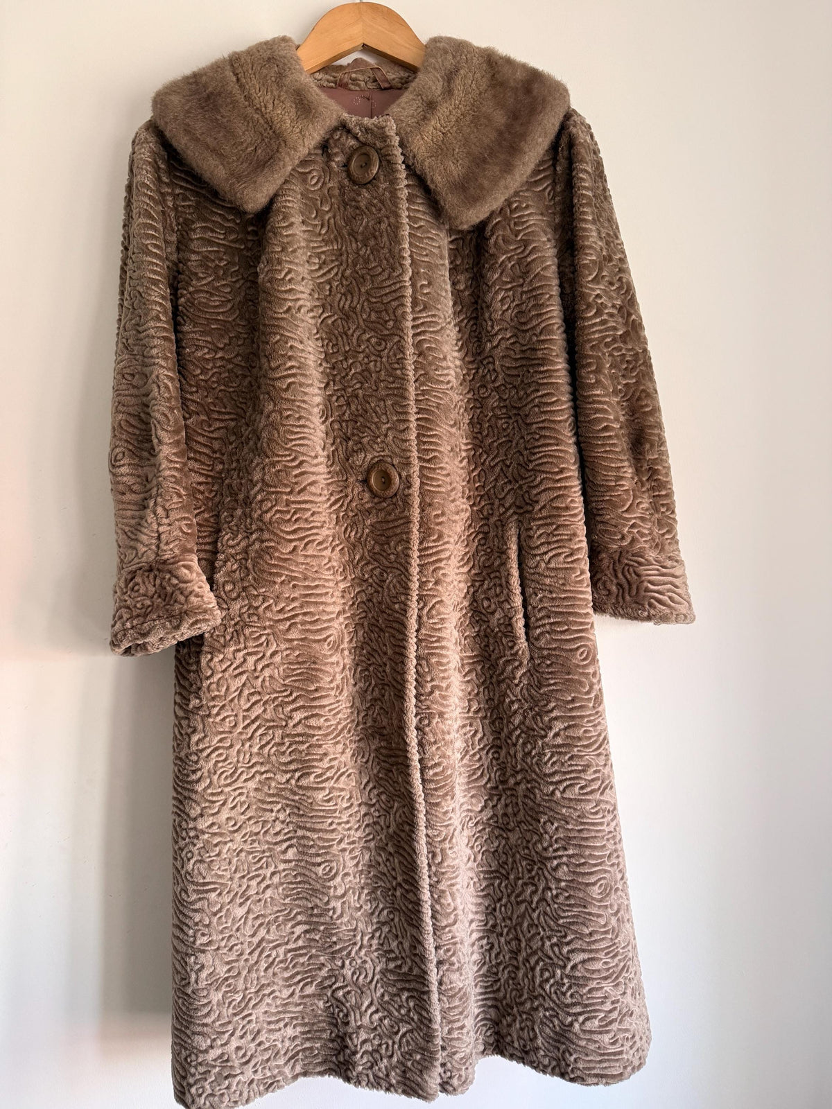 Vintage Astraka Faux Fur Coat, Taupe Courtelle, Plush Collar, Pink Lining