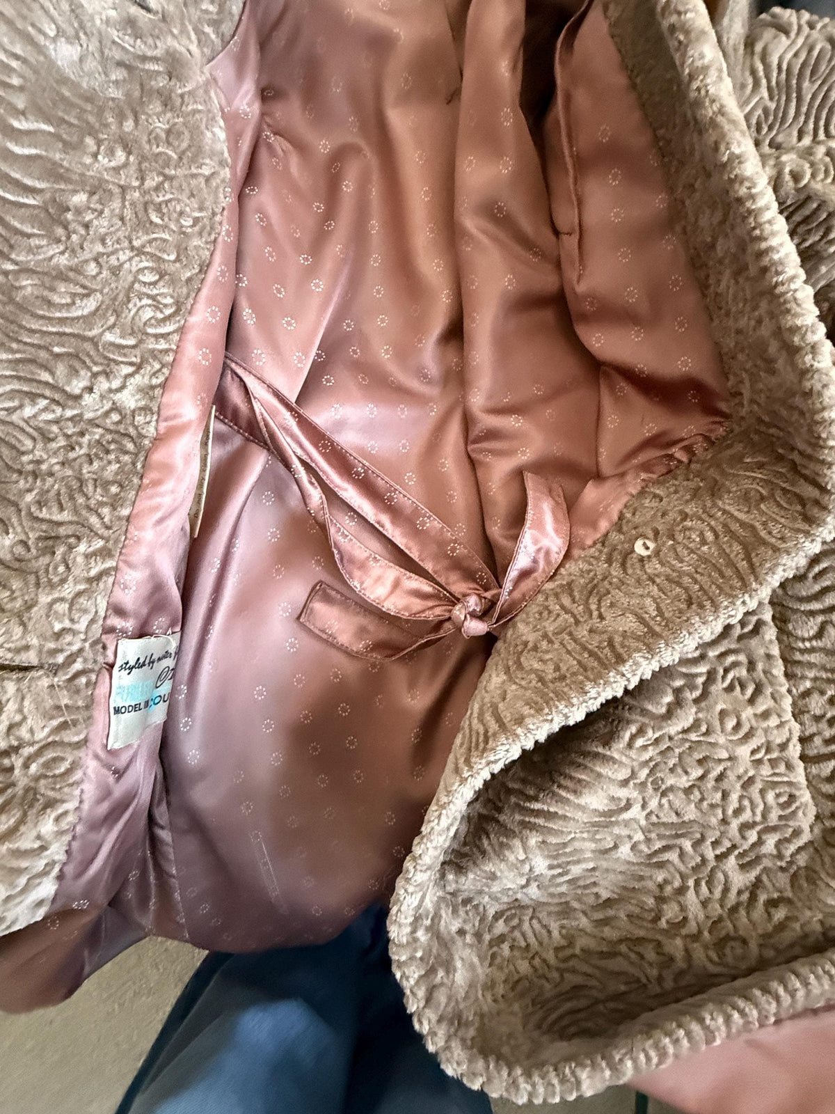 Vintage Astraka Faux Fur Coat, Taupe Courtelle, Plush Collar, Pink Lining