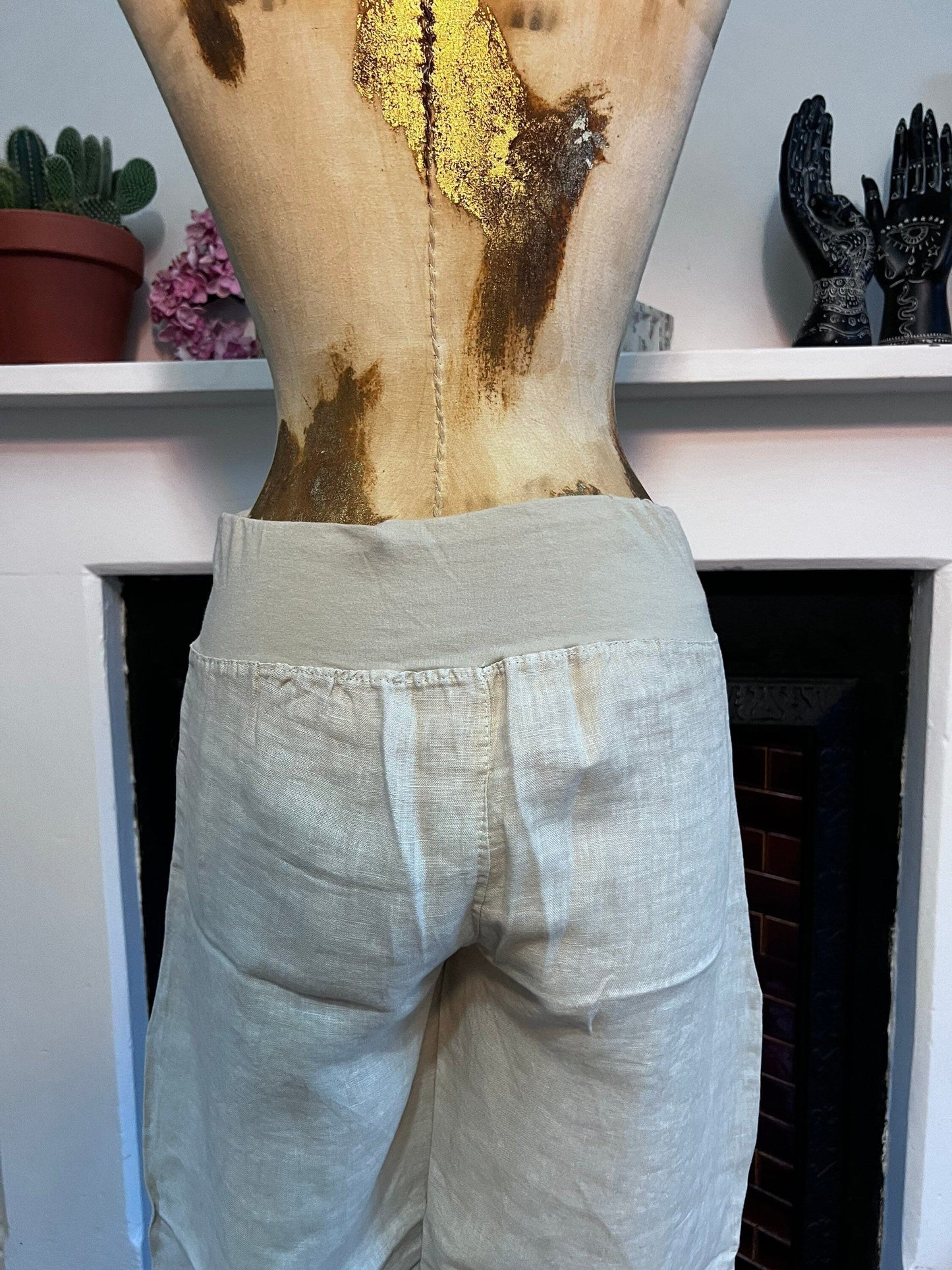 90s Vintage Beige Linen Trousers Pocket Front Cropped Trousers - Medium Lightweight Beige Trousers