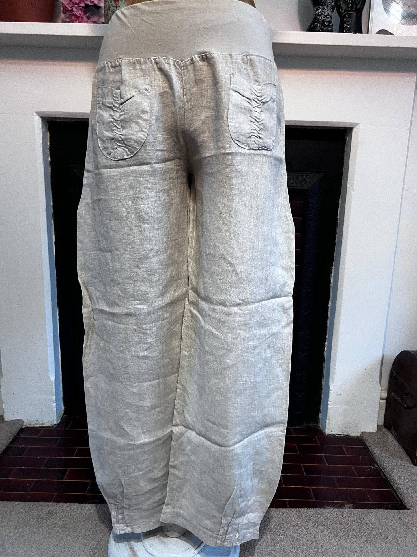 90s Vintage Beige Linen Trousers Pocket Front Cropped Trousers - Medium Lightweight Beige Trousers