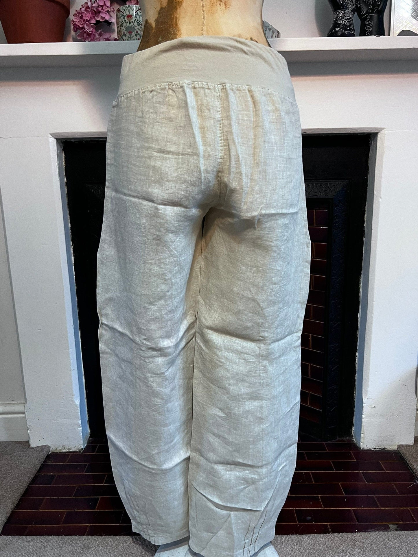 90s Vintage Beige Linen Trousers Pocket Front Cropped Trousers - Medium Lightweight Beige Trousers