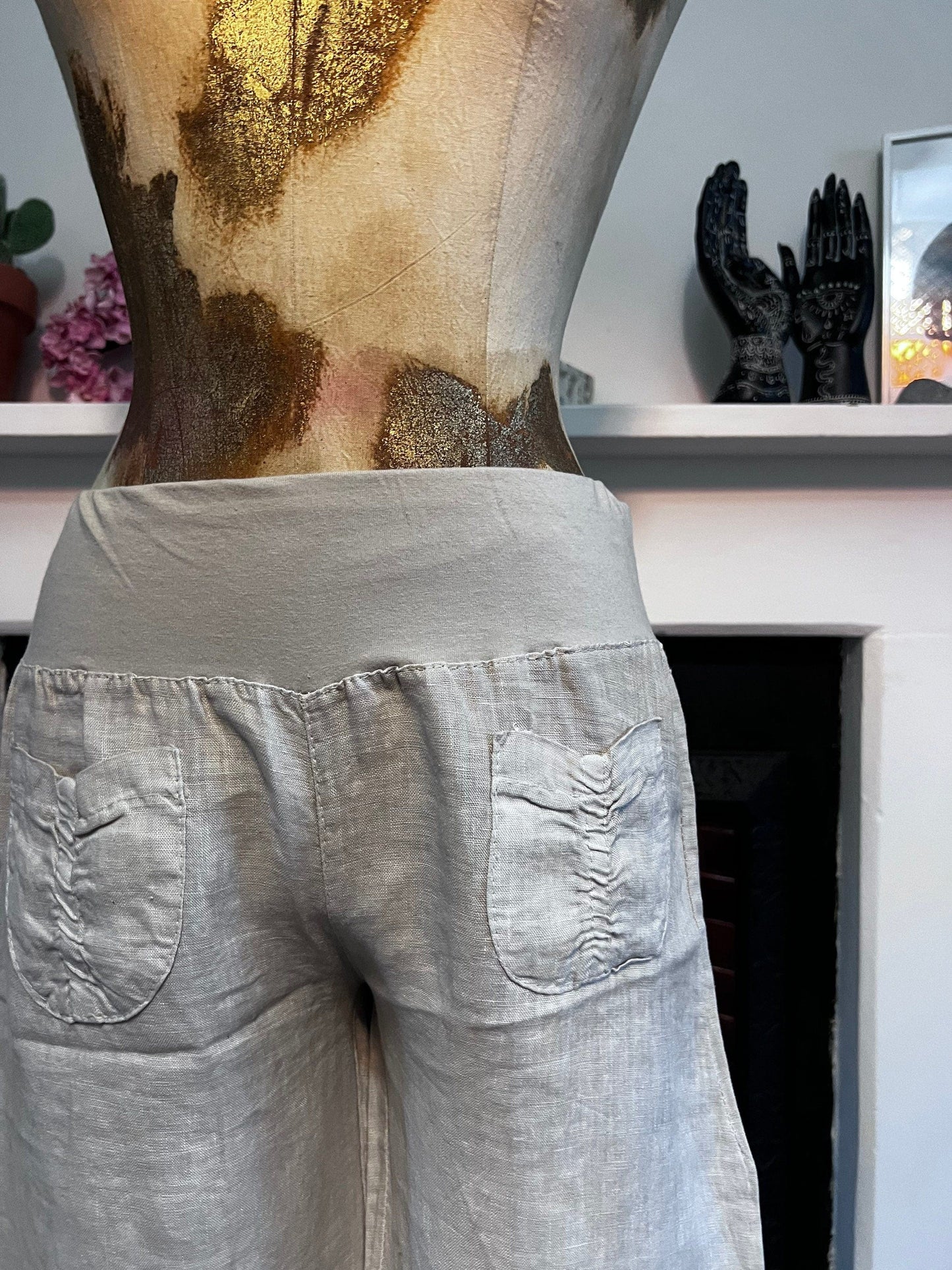 90s Vintage Beige Linen Trousers Pocket Front Cropped Trousers - Medium Lightweight Beige Trousers
