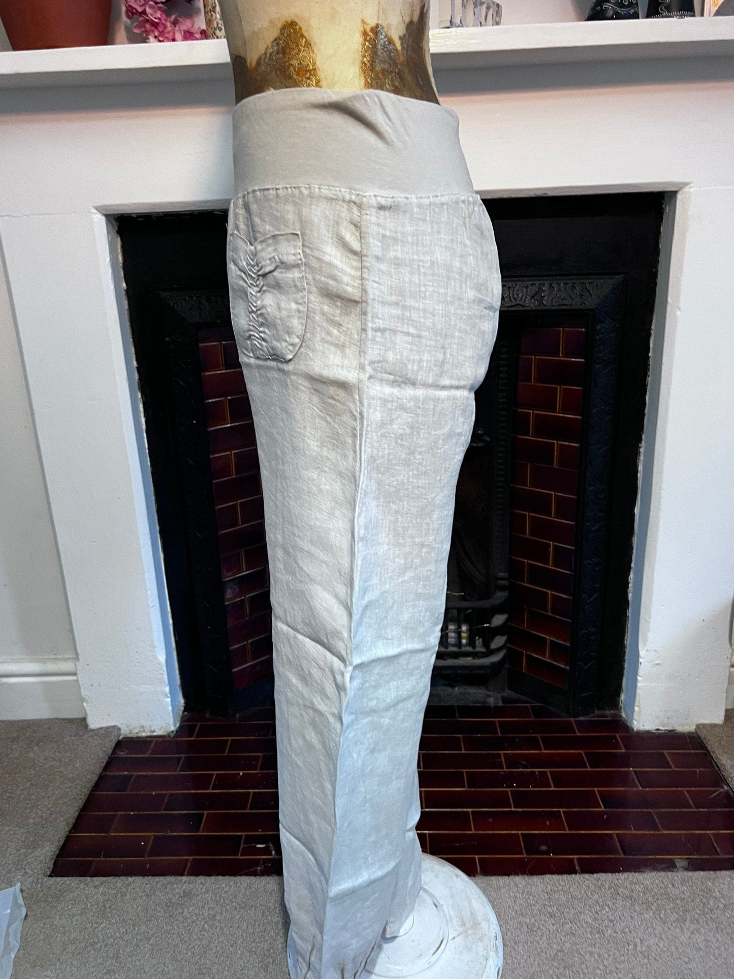 90s Vintage Beige Linen Trousers Pocket Front Cropped Trousers - Medium Lightweight Beige Trousers