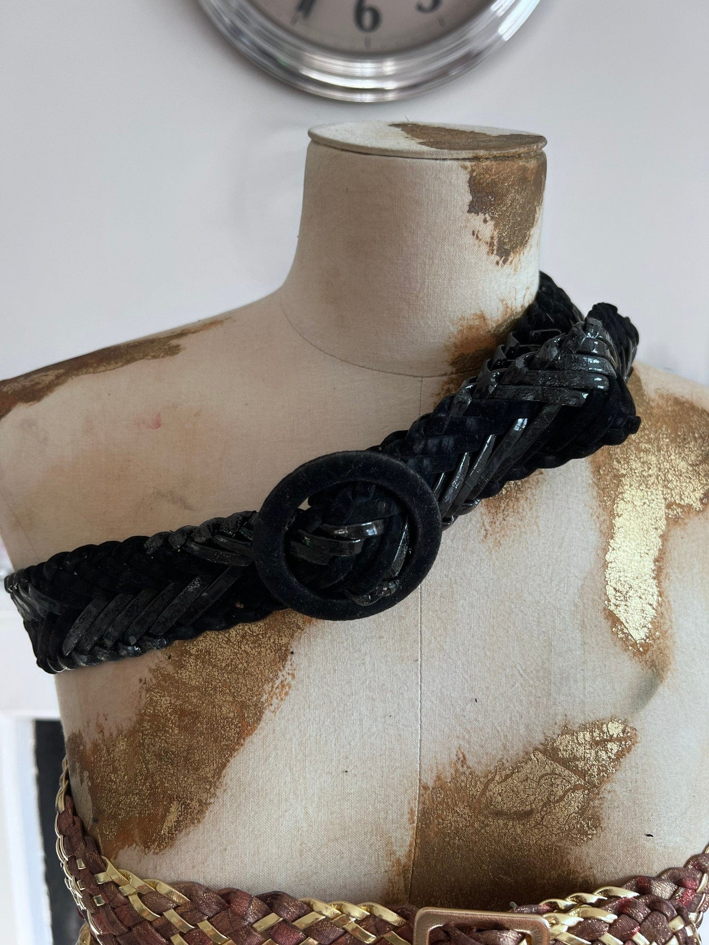 Vintage 90s Black Braided Woven wide Belt - dual Coloured Woven 1990s black 94cm 37”