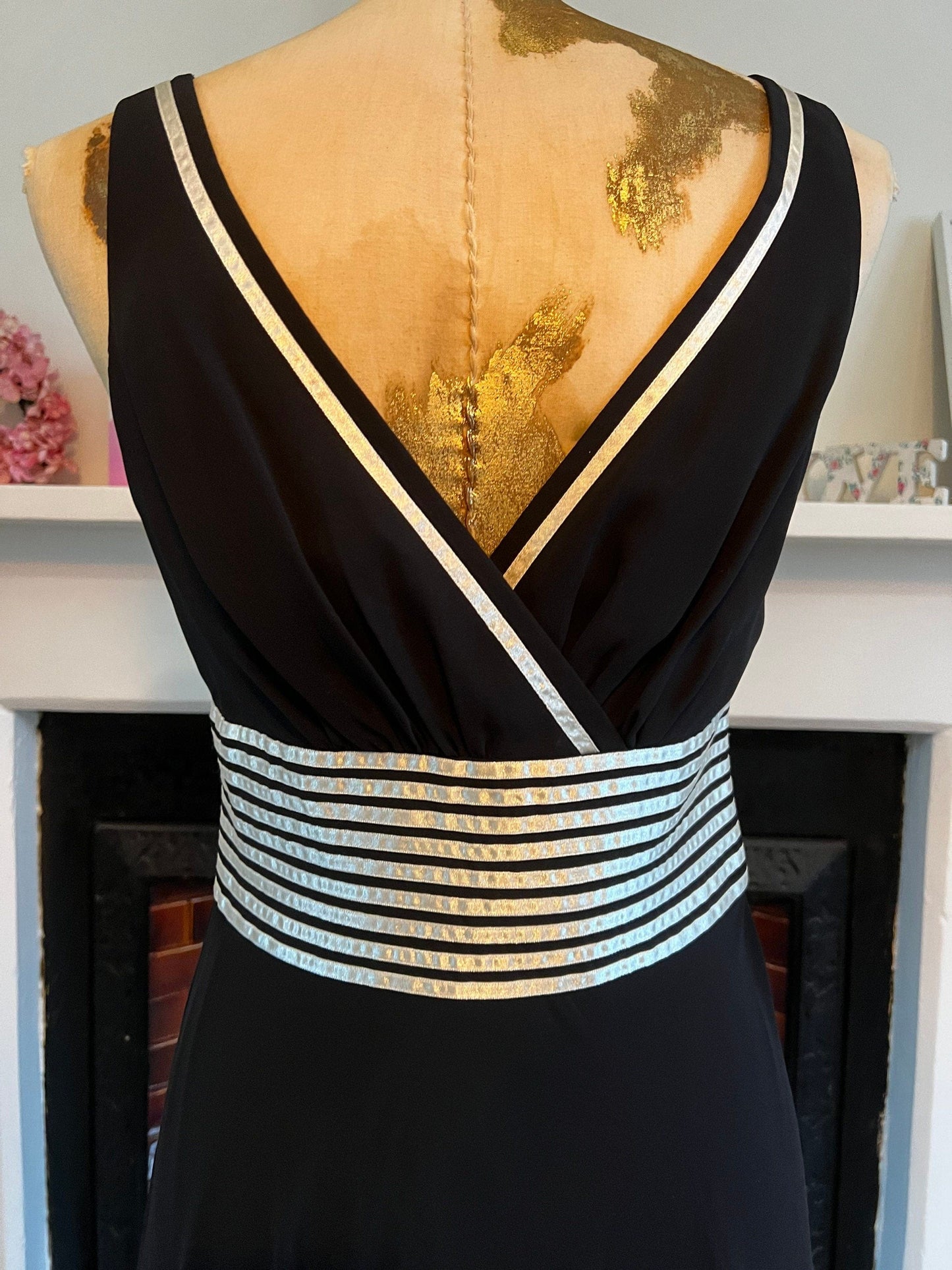 Vintage Black Dress chiffon banded ribbon swing Dress 1990s cocktail Dress - UK10