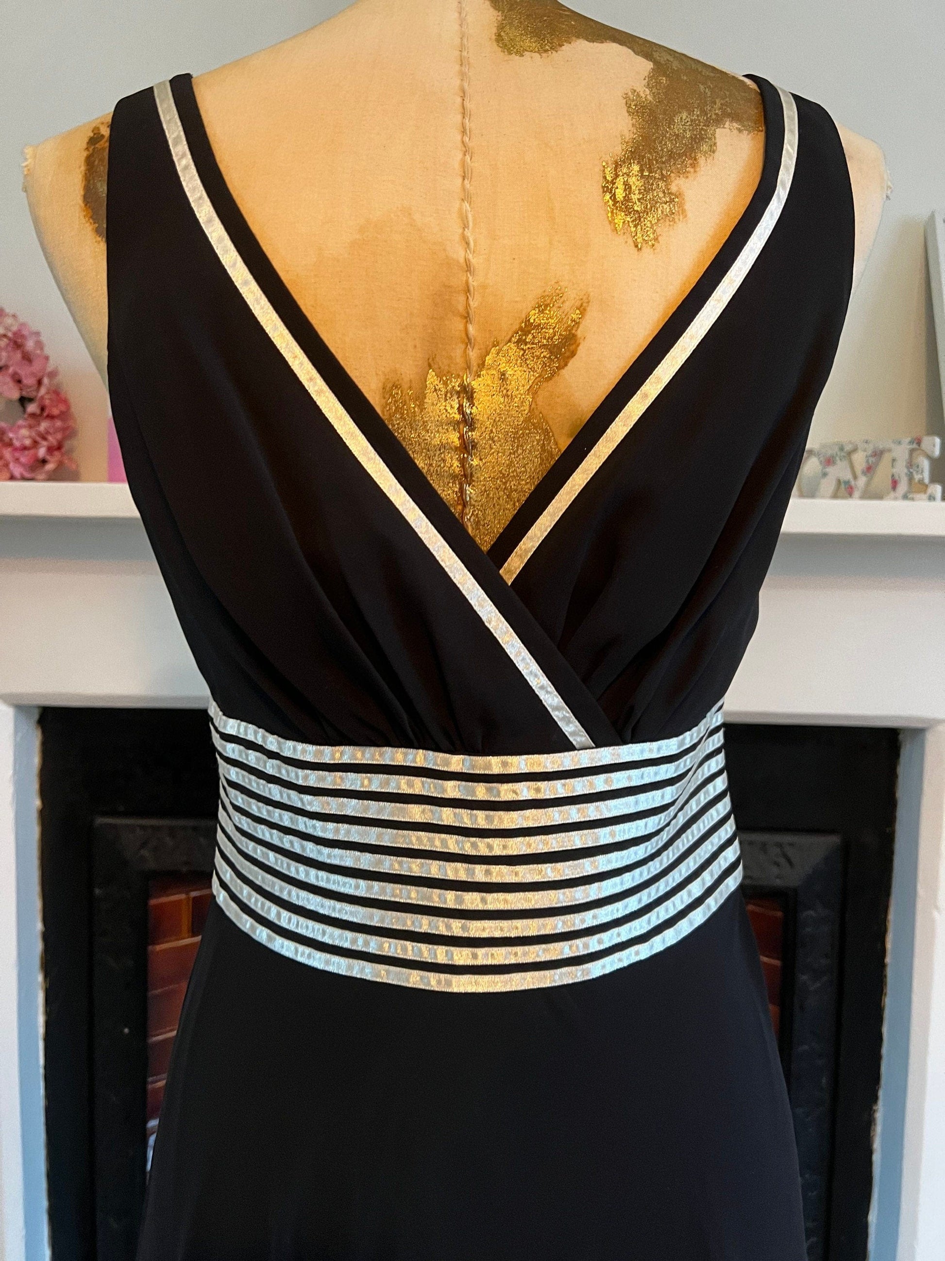 Vintage Black Dress chiffon banded ribbon swing Dress 1990s cocktail Dress - UK10