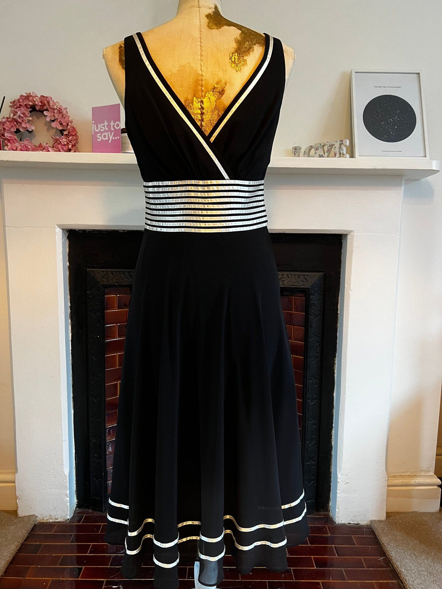 Vintage Black Dress chiffon banded ribbon swing Dress 1990s cocktail Dress - UK10