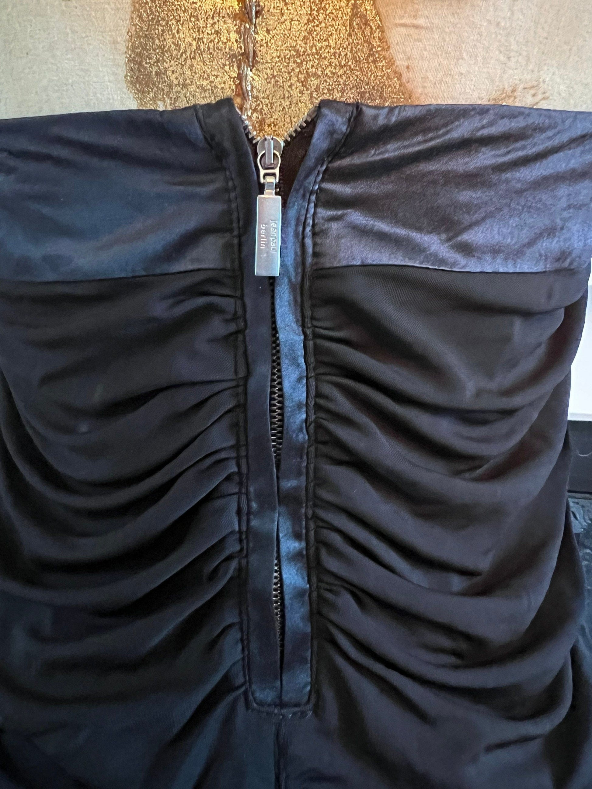 Vintage Black Stretch Minidress with Gathered Sides - Satin top band and zip detail to back Jean Paul - Berlin UK12