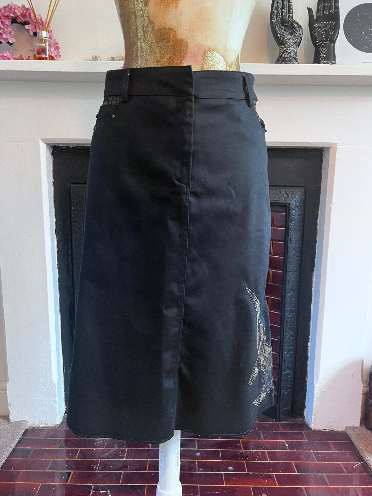 Vintage Black Western Style Skirt - Lace Details - A-Line Black Skirt 90s Black Stretch Skirt - Sharagano UK12